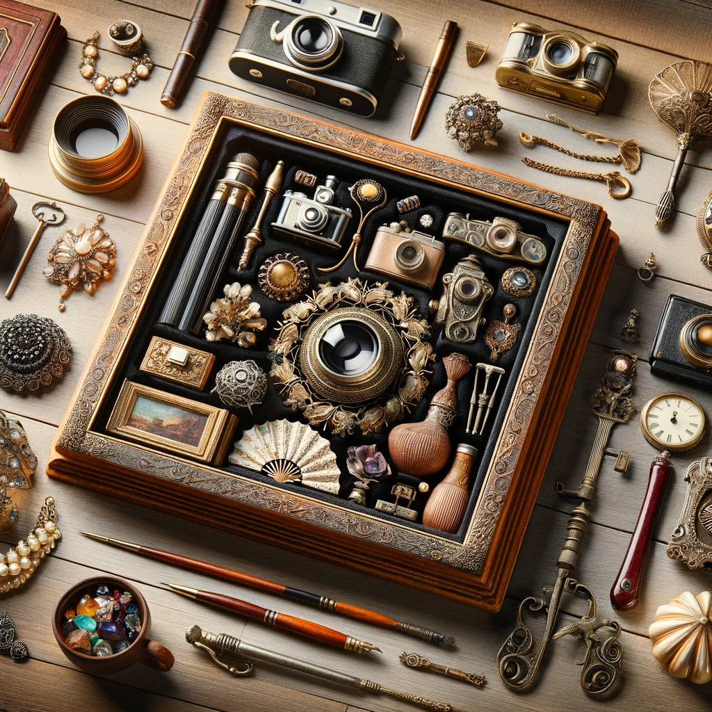 Assortment of vintage items including furniture, jewelry, and cameras, arranged to evoke curiosity and a sense of discovery.