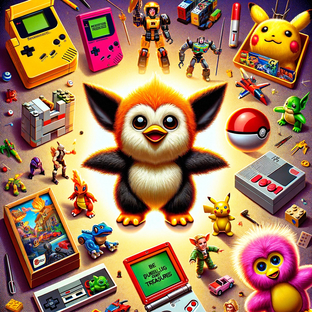 An image showcasing a collection of iconic toys from the late '90s and 2000s, including colorful LEGO bricks, a vintage Game Boy, and playful figures, arranged to evoke nostalgia and the excitement of discovery. The composition highlights the timeless appeal of these toys, inviting viewers on a journey through the cherished memories of past generations.