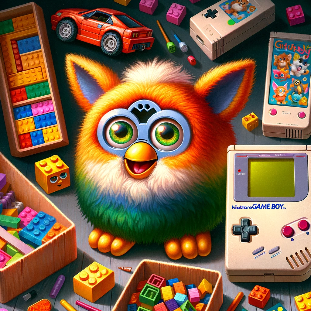 toy collecting with a selection of friendly and inviting toys like colorful LEGO bricks, a Furby, and a classic Game Boy