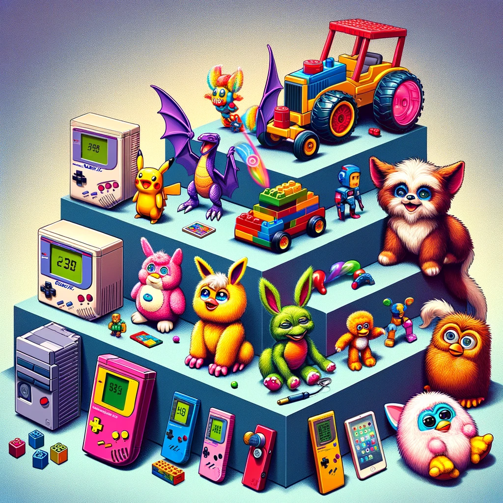 An illustrative composition depicting the evolution of toys from the Millennial era to the Gen Z era, featuring classic toys such as LEGO bricks, a Furby, and a Game Boy. The image emphasizes the seamless blend of nostalgia and modernity in toy design, illustrating how these beloved items have evolved while continuing to spark joy and creativity across different generations.