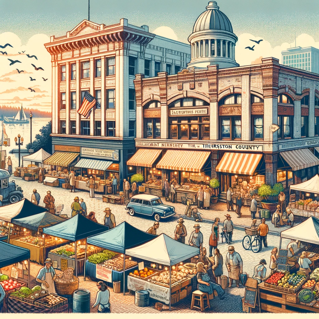A vibrant local market scene in Thurston County, showcasing culinary diversity and historical ambiance. Diverse food stalls and artisanal crafts fill the bustling marketplace, with Olympia's historic waterfront providing a charming backdrop. The atmosphere radiates community and tradition, inviting exploration into the region's rich culinary heritage."