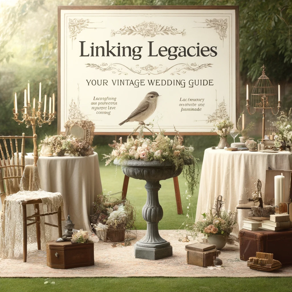 Outdoor vintage wedding setting with delicate lace details, a floral-filled vintage birdbath centerpiece, antique chairs, and handmade signage, capturing the essence of timeless romance.