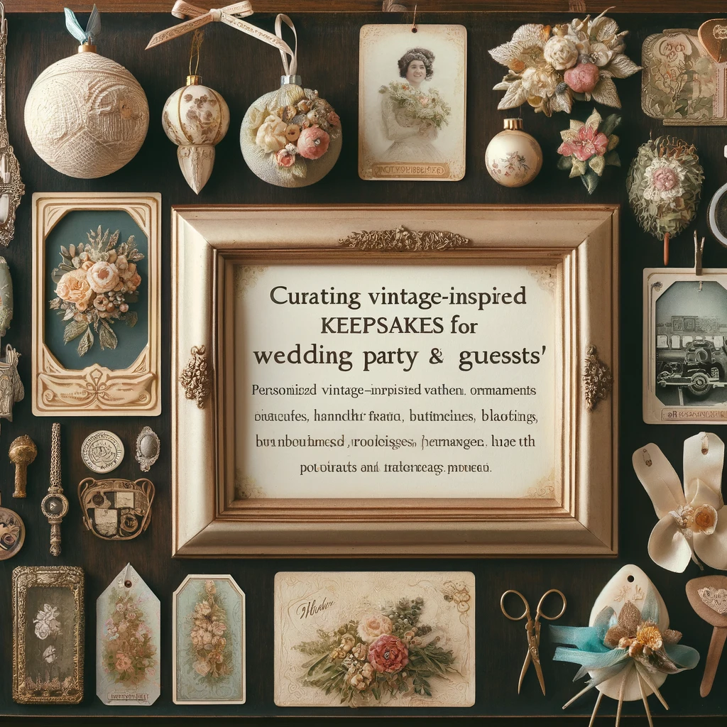 A collection of vintage-inspired wedding keepsakes, including personalized ornaments, fabric boutonnieres, styled bookmarks, pressed flower frames, and Polaroids in vintage frames, elegantly displayed on an antique table, embodying the nostalgia and personalized charm of a vintage-themed wedding.
