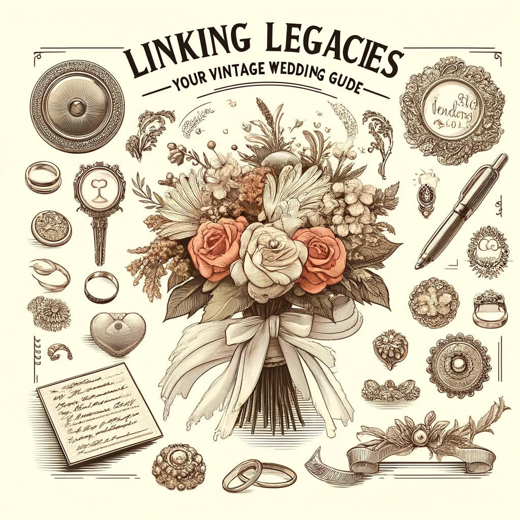 Thumbnail image showcasing symbols of vintage wedding romance, including lace details, antique rings, and a bouquet of old-fashioned flowers, embodying the blend of timeless elegance and nostalgic charm for 'Linking Legacies: Your Vintage Wedding Guide.