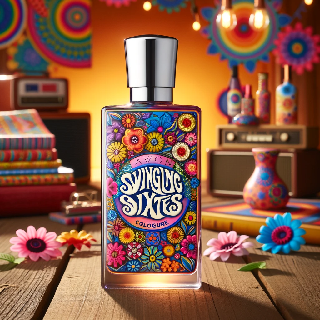 A Groovy Flower Power Avon cologne bottle, adorned with vibrant psychedelic patterns and floral motifs, capturing the colorful spirit and countercultural movement of the 1960s.