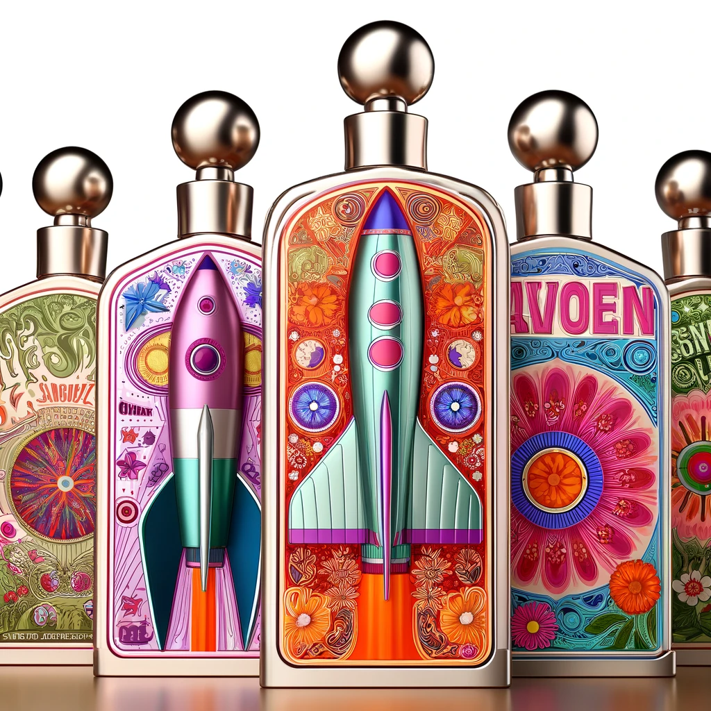 Two Swinging Sixties themed Avon cologne bottles with traditional spray tips: one designed as a metallic rocket ship representing the Space Age, and the other adorned with vibrant psychedelic colors and floral motifs, both capturing the unique cultural essence of the 1960s