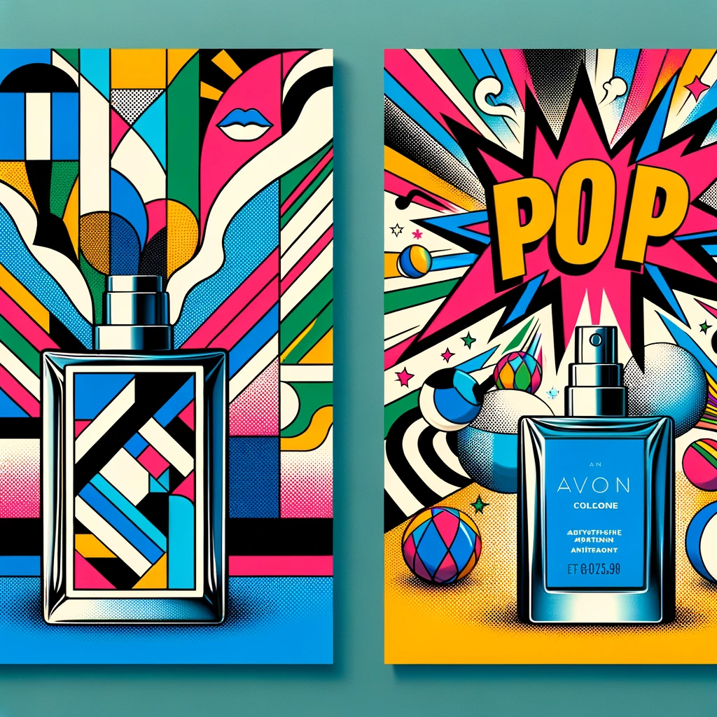 Two Avon cologne bottles showcasing Swinging Sixties art styles: one featuring abstract geometric designs with bold shapes and vibrant patterns, and the other a Pop Art Explosion with dynamic, colorful designs that celebrate the era's consumer culture and mass media influence.