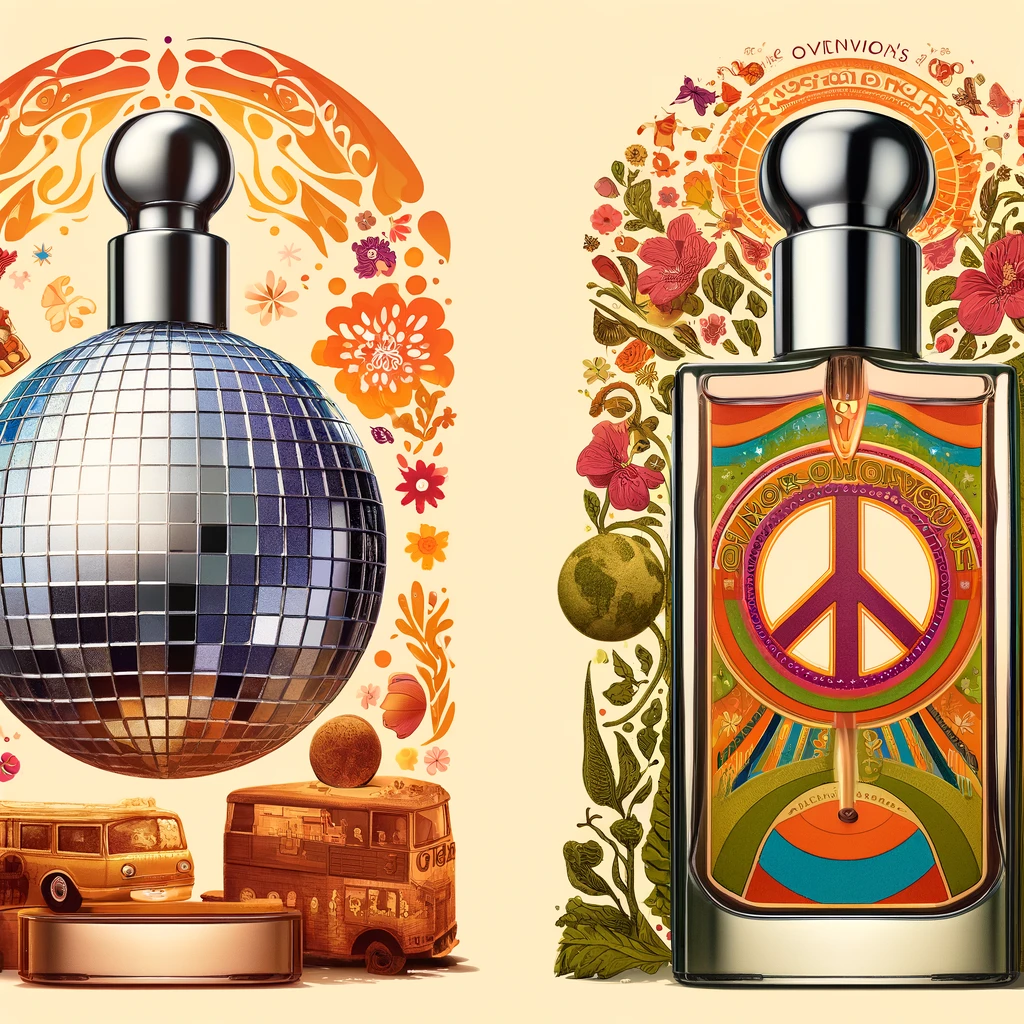 Two Avon cologne bottles from the 1970s: one designed as a glittering disco ball reflecting the disco fever of the era, and the other inspired by the Woodstock music festival, featuring earthy tones and motifs like peace signs, flowers, and rainbows, embodying the back-to-nature movement.