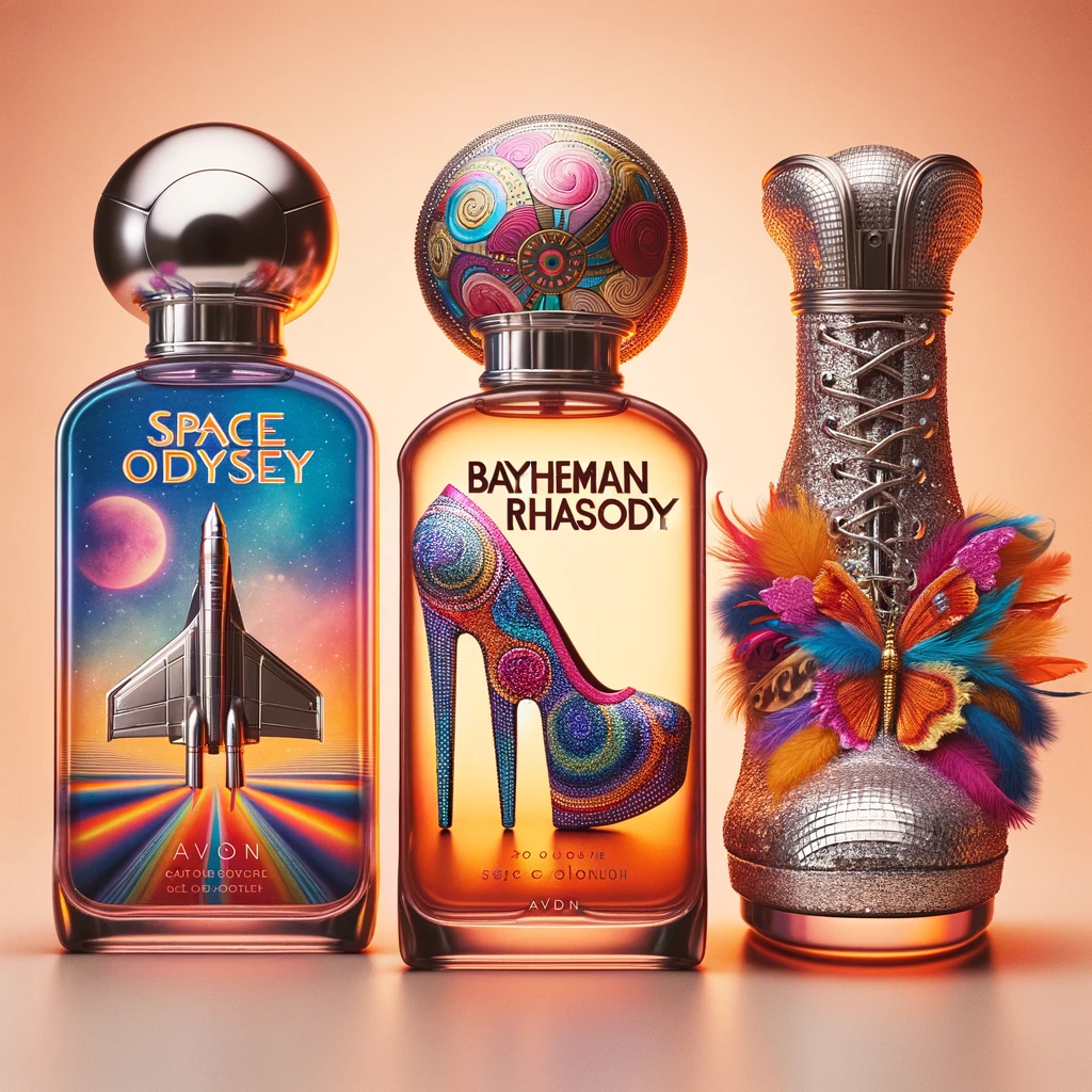 Three 1970s Avon bottles: a metallic 'Space Odyssey', a colorful 'Bohemian Rhapsody' with beads, and a glittery 'Platform Shoe', each reflecting distinct 70s styles.
