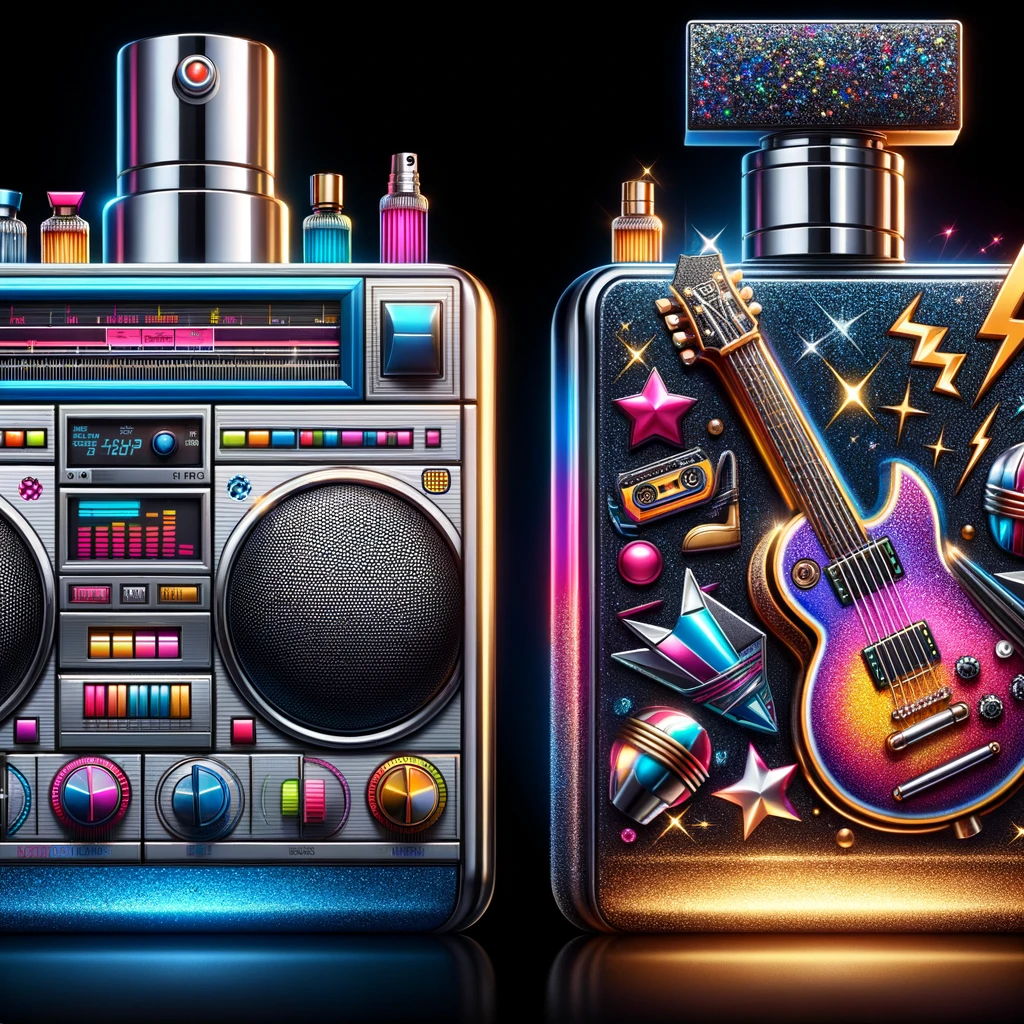 Two themed cologne bottles from the 1980s: one designed as a colorful neon-accented boombox, and another with metallic, glittery glam rock motifs with lightning bolts and guitars.