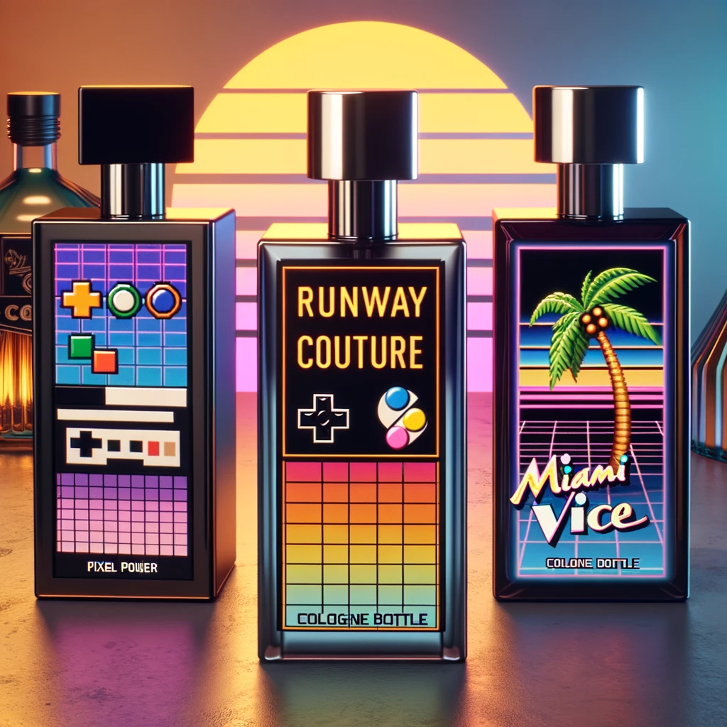 Three 1980s inspired cologne bottles: one designed with pixel art and joystick shapes for arcade lovers, another embodying high fashion with sleek metallic finishes and bold geometric shapes, and a third capturing Miami Vice style with palm tree motifs and pastel colors.