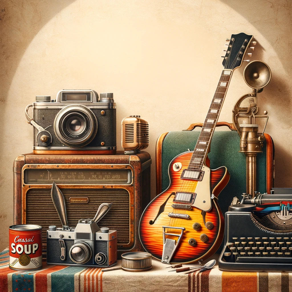 A collection of vintage memorabilia artfully arranged, featuring a classic camera, a colorful electric guitar, a vintage typewriter, and a label-free classic soup can, set against a sophisticated, vintage-inspired backdrop, evoking the timeless charm and cultural impact of historical icons.