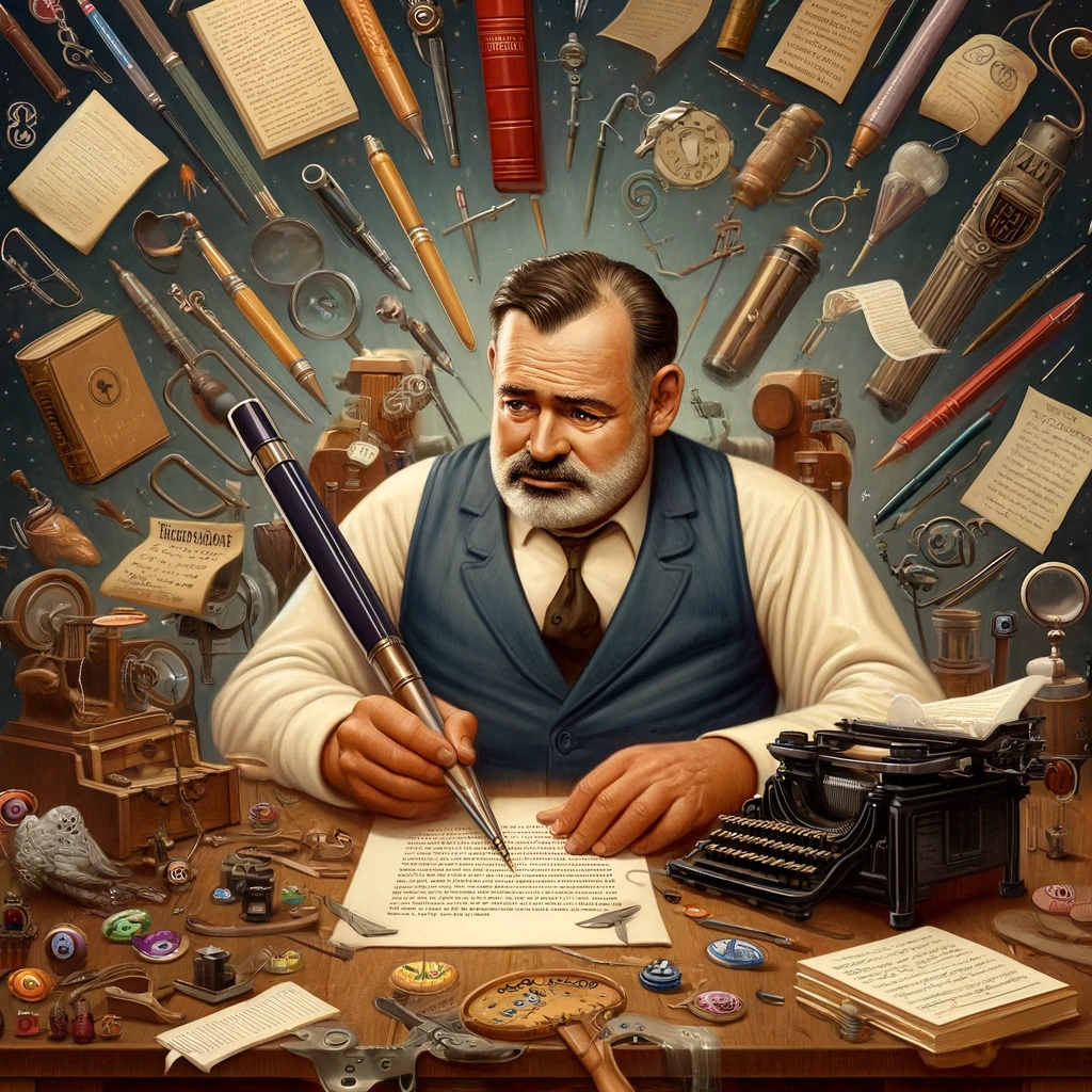 A whimsical portrayal of Ernest Hemingway in a moment of surreal creativity, as he signs a large pen using a smaller pen. Set against a backdrop of vintage literary elements, this image captures Hemingway's iconic mid-20th century style, surrounded by books, a typewriter, and scattered manuscripts, reflecting his profound influence on literature and adding a playful twist to his legendary persona