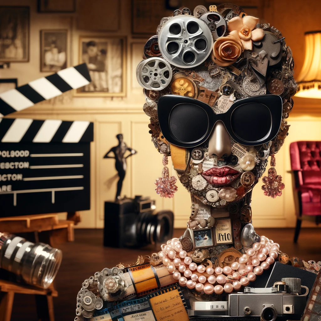audrey hepburn crafted from items like film reels, vintage cameras, and classic movie props, set against a luxurious 1950s movie set backdrop