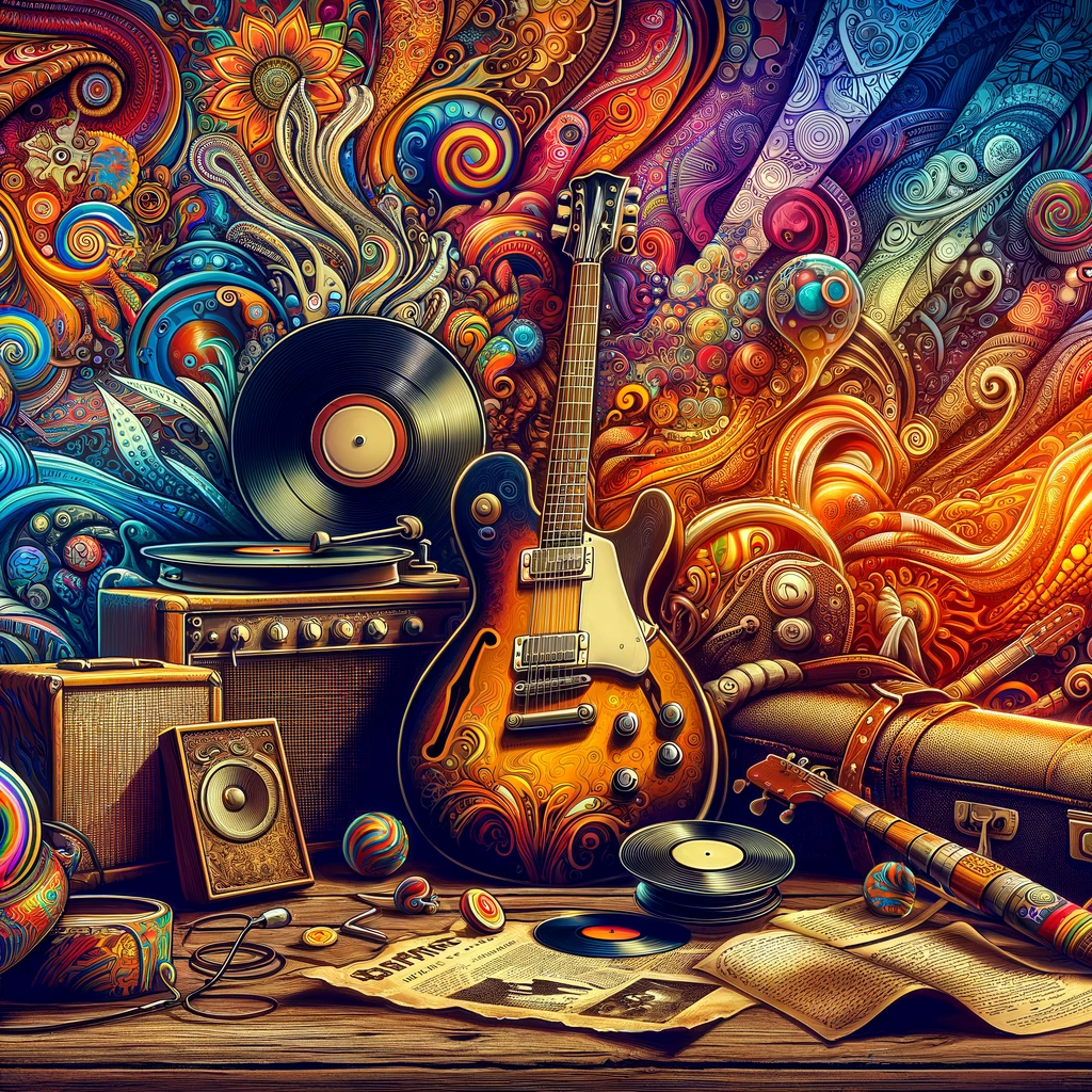An artistic tribute to the psychedelic era of the 1960s, featuring vintage-style guitars and vinyl records amidst a backdrop of vibrant, abstract psychedelic artwork. This image encapsulates the dynamic creativity and cultural impact of rock music during a pivotal decade, highlighted by vivid colors and energetic designs that evoke the spirit of an innovative musical epoch.