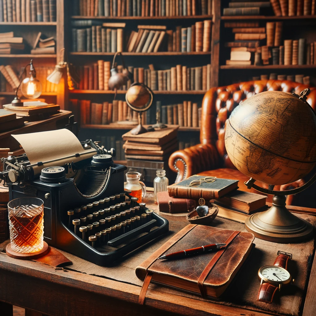 Vintage-inspired literary setting symbolizing Ernest Hemingway's adventurous spirit and literary prowess, featuring a wooden desk with a personal typewriter, a leather-bound journal, and a globe bar cart in a cozy study filled with bookshelves and a leather chair.