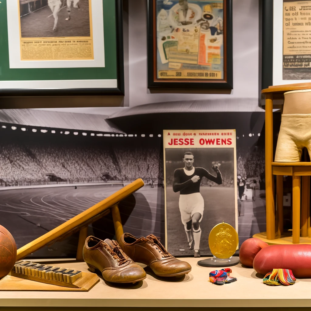 Vintage sports display celebrating Jesse Owens' legendary achievements in track and field, featuring old leather running shoes, a starting block, and a replica of a 1936 Olympic gold medal. The backdrop includes framed sports magazines and commemorative items on shelves, encapsulating the historical sports triumphs and the enduring impact of Owens' victories at the 1936 Berlin Olympics.