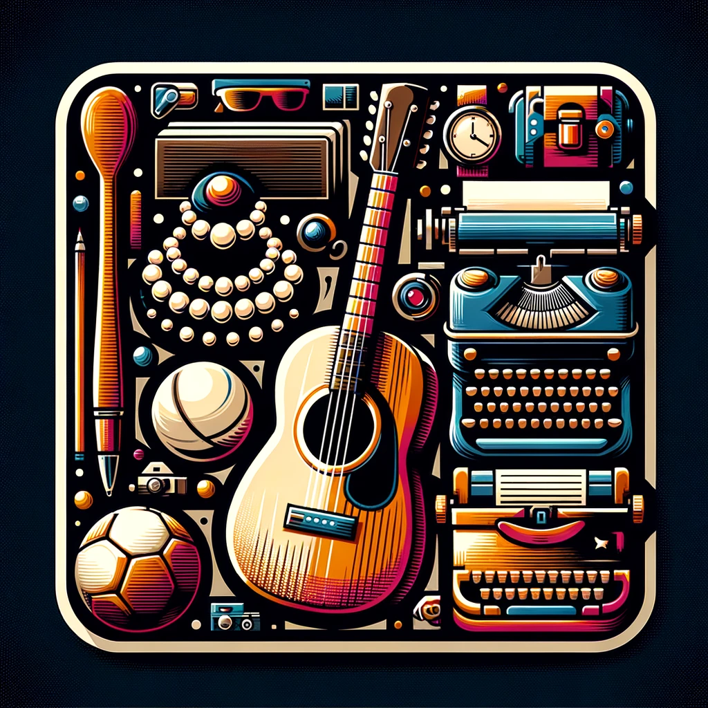 Sharp-edged thumbnail featuring a diverse collection of vintage collectibles, including a classic pearl necklace, an old-fashioned guitar, a vintage typewriter, and traditional sports gear. Arranged against a vibrant background, these items represent the rich cultural significance of various historical figures and eras, making this image a visual celebration of antique and vintage treasures.