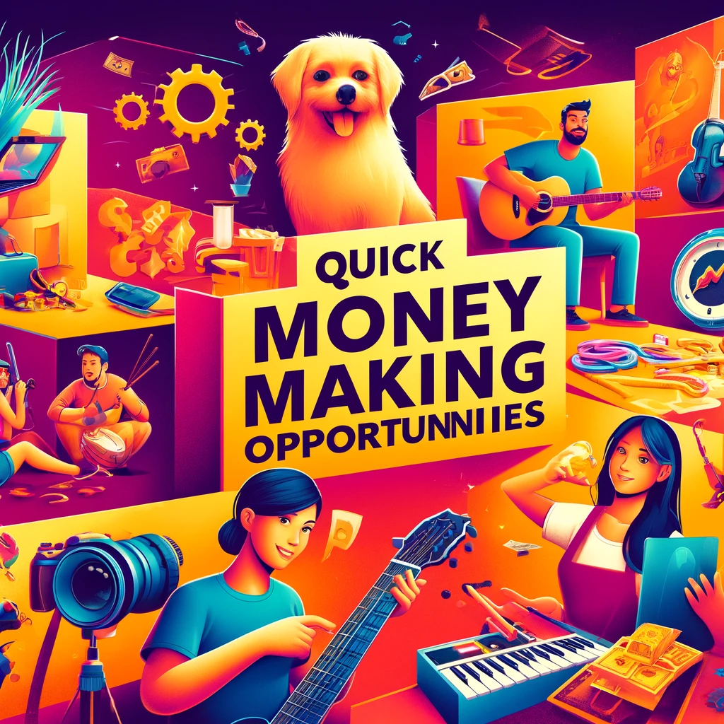 Updated hero section image for a blog about earning quickly, with the text 'Quick Money Making Opportunities' perfectly centered and prominently displayed. The image includes engaging activities such as pet sitting, jewelry showcasing, camera equipment renting, and guitar teaching, each depicted in a vivid and appealing setting, reflecting the potential of varied money-making opportunities.
