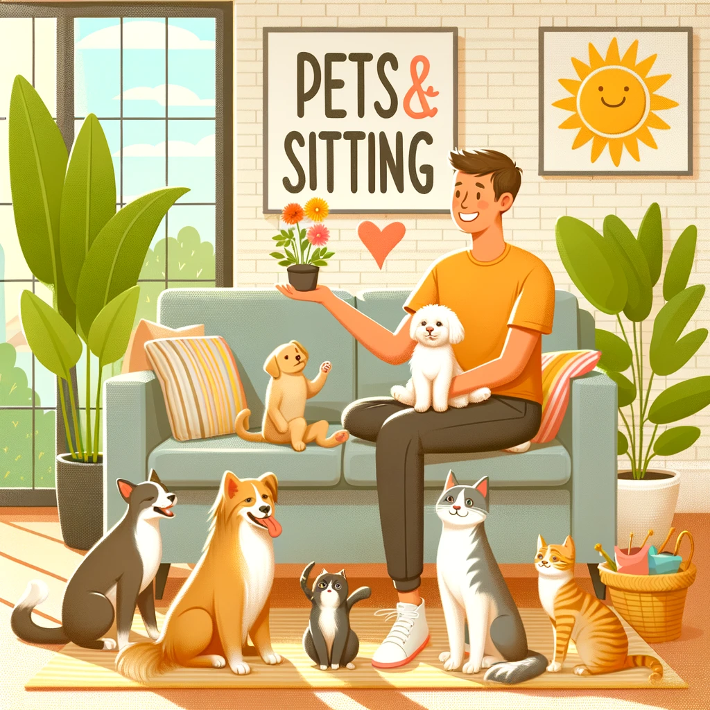 A cheerful image showing a person enjoying pet sitting with a variety of animals including dogs and cats in a cozy living room. They are seated on a comfortable couch, surrounded by playful pets, with a house plant and sunny window in the background, illustrating the rewarding and enjoyable opportunity of turning a love for animals into an income source.