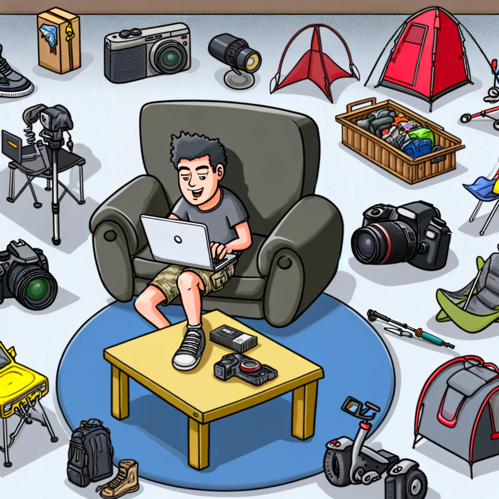 A cartoon-style image showing a person lounging comfortably while surrounded by various items like cameras, camping gear, and gadgets. The person is using a laptop to list these items on a rental platform, in a casual and inviting setting that conveys ease and productivity. The playful and engaging visuals emphasize the simplicity and potential profit of renting out unused gear.