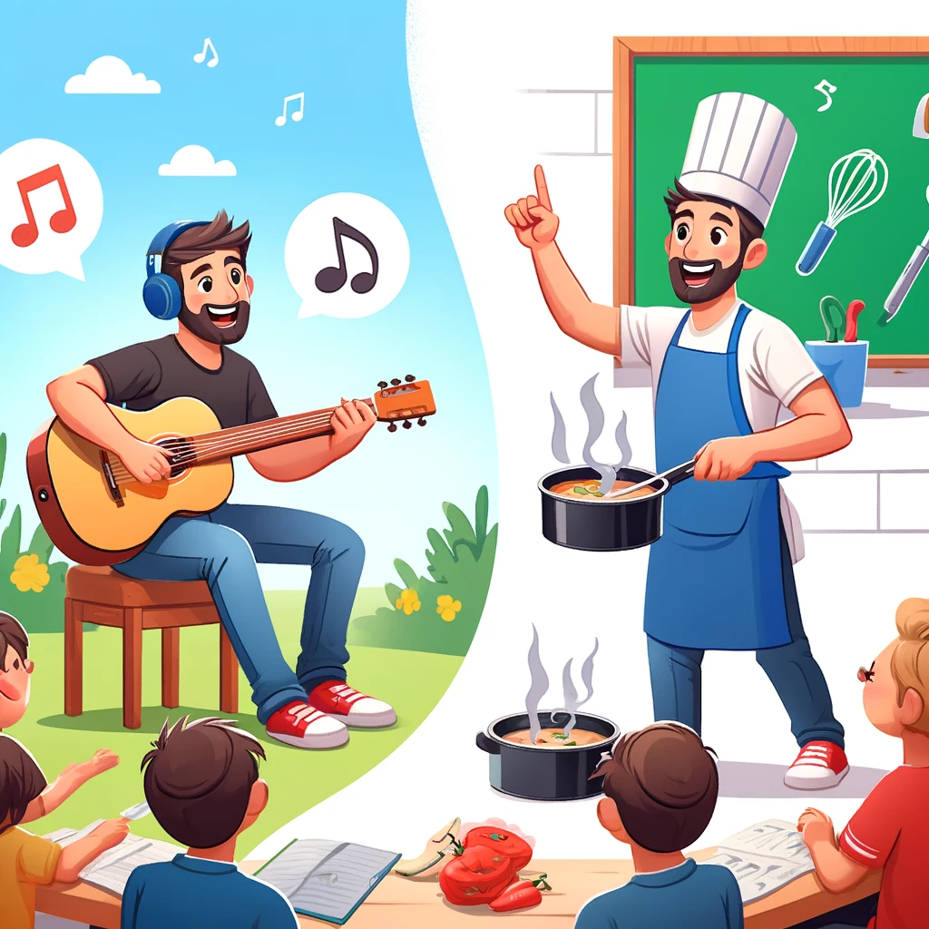 A vibrant cartoon-style image showcasing a person joyously teaching guitar on one side and culinary skills on the other. The person demonstrates guitar chords to attentive students and cooks with another group while wearing a chef's hat. The scene is filled with musical notes and cooking ingredients, creating an educational and engaging atmosphere that highlights the joy and financial benefits of sharing expertise through teaching.