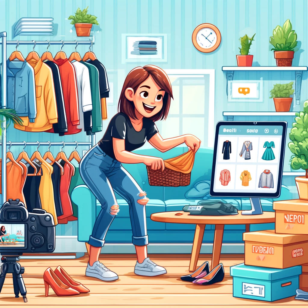 A playful cartoon-style image showing a person sorting and organizing clothes in a bright, cheerful closet. The individual selects stylish outfits and accessories, setting them up for online listing with a camera, in a modern environment filled with various garments. Visible are digital devices displaying the Depop and Etsy logos, emphasizing the practical and profitable aspects of decluttering one’s wardrobe to refresh personal style and earn money