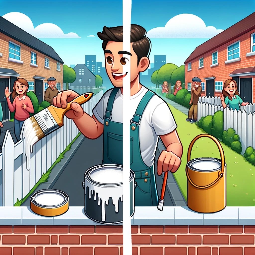 A vibrant cartoon-style image depicting a person joyfully painting a fence and a brick wall white, revitalizing the neighborhood. The individual, clad in casual painting attire, uses a paintbrush to enhance the community's appearance. In the background, smiling neighbors observe the transformation, which adds vibrancy and appeal to the street, illustrating the positive impact of local beautification services and the opportunity to earn extra cash while contributing to community well-being.