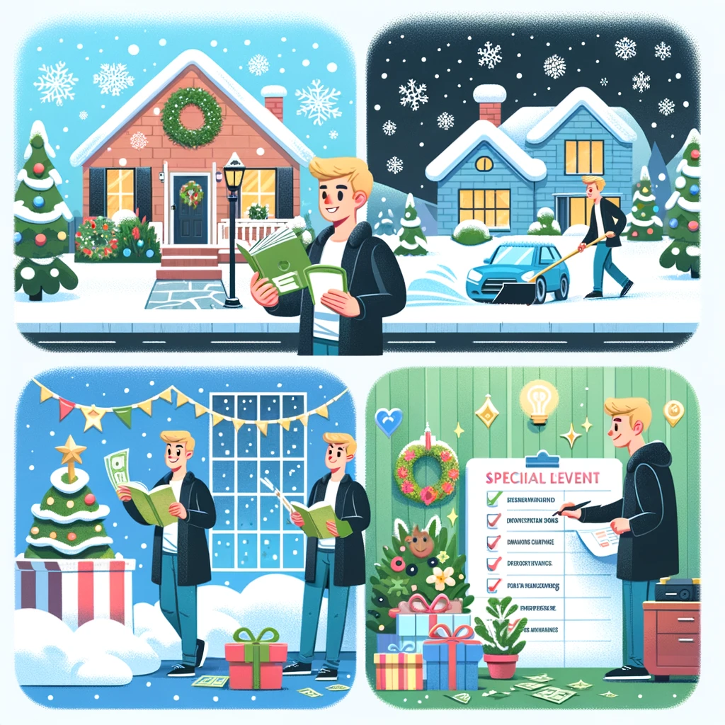 A vibrant cartoon-style image showing a person involved in various seasonal activities for profit. One area shows the person decorating a home with festive ornaments, another scene depicts them removing snow from a driveway, and a third showcases them planning a special event with a checklist and colorful decorations. The setting is lively and festive, with snowflakes and holiday lights, emphasizing the financial potential of embracing seasonal gigs.