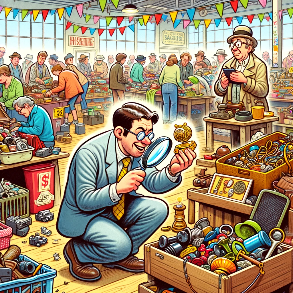 A lively cartoon-style image of a person enthusiastically searching through a variety of items at a bustling thrift store. Equipped with a magnifying glass, they examine a vintage gem with excitement. The environment is colorful and filled with a diverse array of goods, capturing the thrill of the hunt and the potential profits from flipping quirky collectibles and vintage finds.