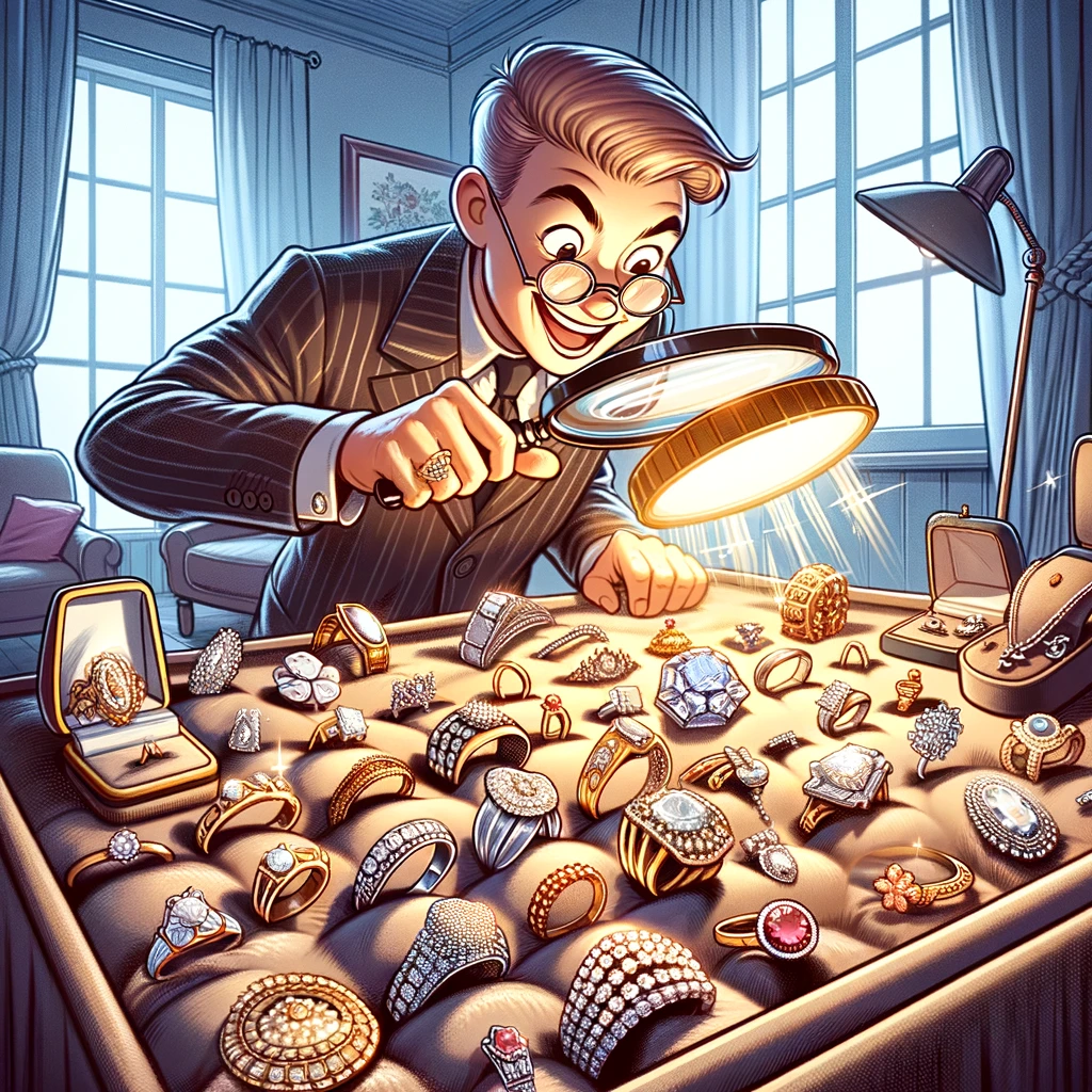 A cartoon-style image of a person sorting through a collection of jewelry, including rings, necklaces, and bracelets, on a velvet cloth in an elegantly lit room. The person uses a magnifying glass to examine a piece, highlighting the detailed appraisal process involved in transforming forgotten gems into financial gains.
