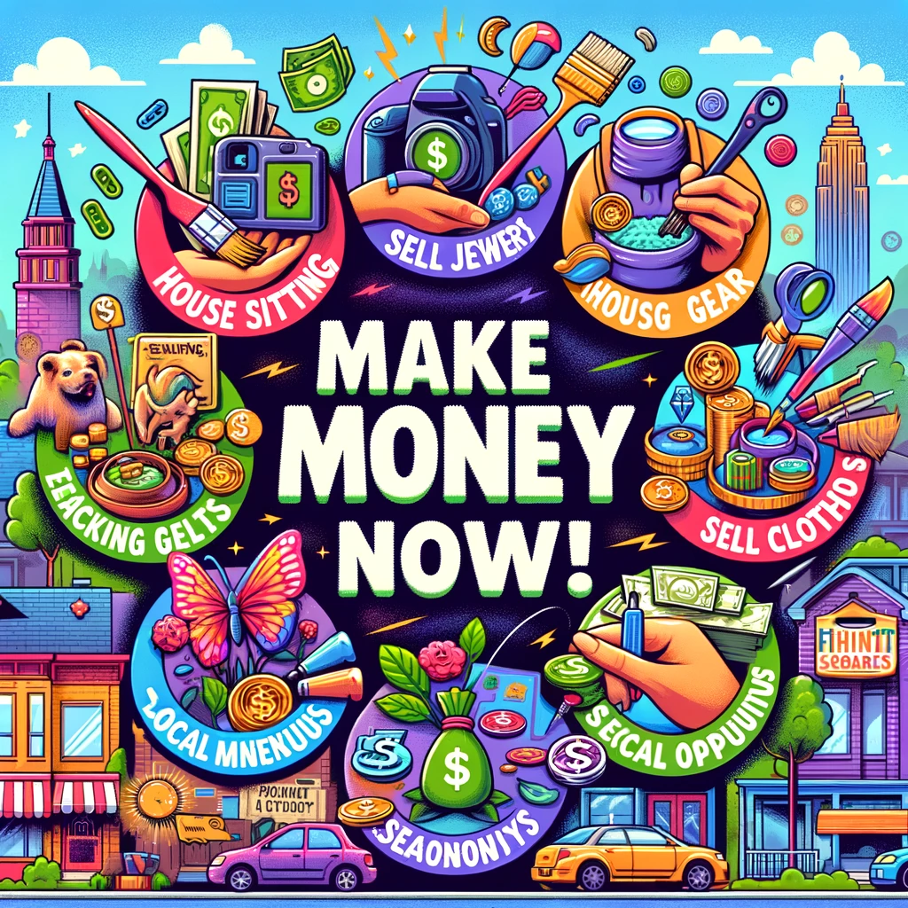 Dynamic thumbnail for a blog post showcasing diverse ways to make money. Each money-making concept, including pet and house sitting, selling jewelry, renting out gear, teaching skills, selling clothes, local beautification, gig economy jobs, seasonal opportunities, and flipping finds, is represented by colorful and distinct icons integrated with relevant elements. The design features bright colors and bold text 'Make Money Now!' to emphasize these lucrative opportunities.
