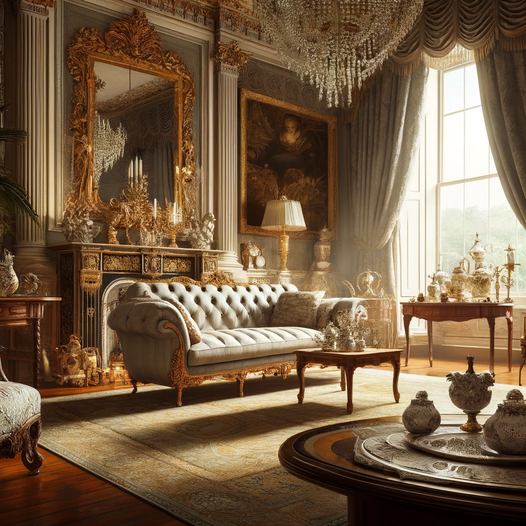 Exquisite Regency-era drawing room featuring a sumptuous chaise longue, ornate gilded mirrors, and a stately mahogany table against opulent brocade curtains, enhanced with crystal chandeliers, fine porcelain, and elaborate floral arrangements, embodying the lavish aesthetics of 1800s London high society.
