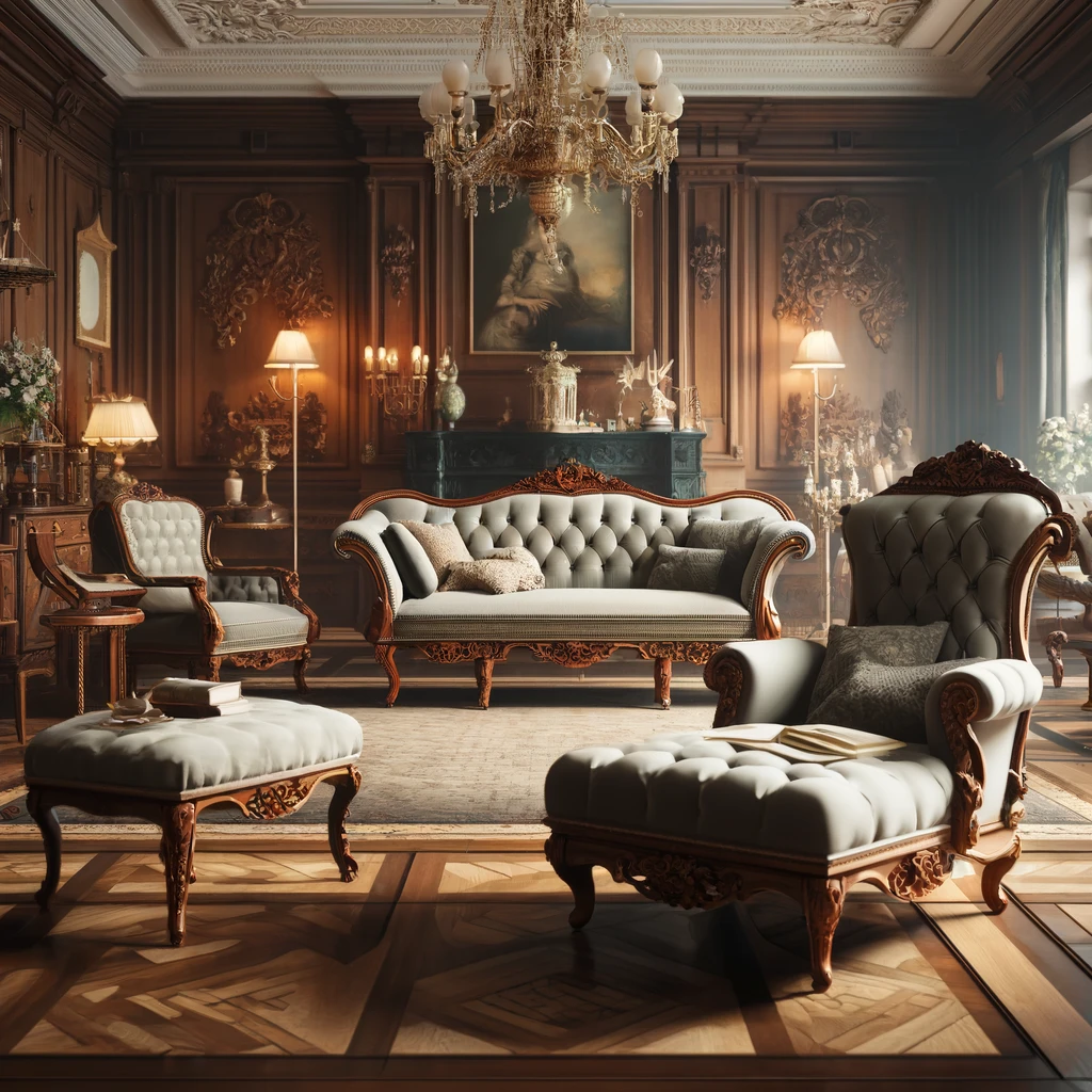 Elegant Regency era living room featuring a luxurious chaise longue, intricately woodworked Regency chairs and settees upholstered in rich fabrics, and furniture made from mahogany and rosewood, exuding historical charm and comfort.