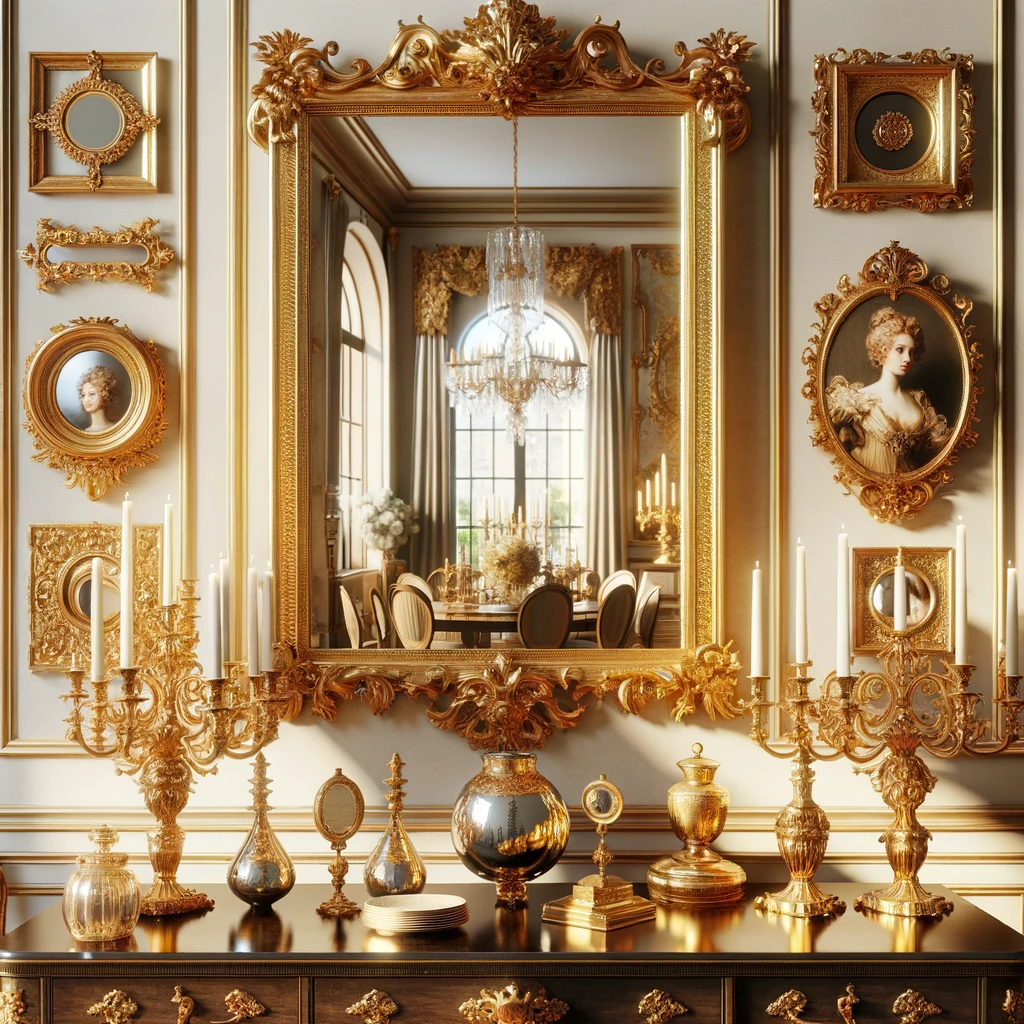 A luxurious Regency-style room adorned with gold accents, featuring ornate gilded mirrors, elegant picture frames, and sophisticated candelabras that reflect light and create a warm, inviting atmosphere, embodying the opulence of early 19th century high society.