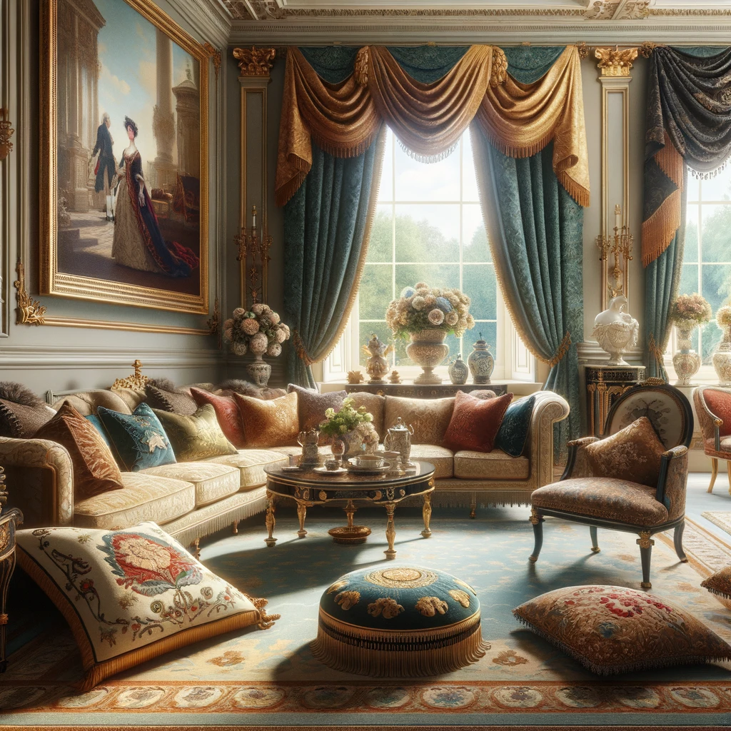 An opulent interior adorned with Regency-era textiles, featuring silk and velvet upholstery, brocade curtains, and damask wall coverings, complemented by needlepoint and embroidered cushions that enhance the decor with a personal and historical touch.