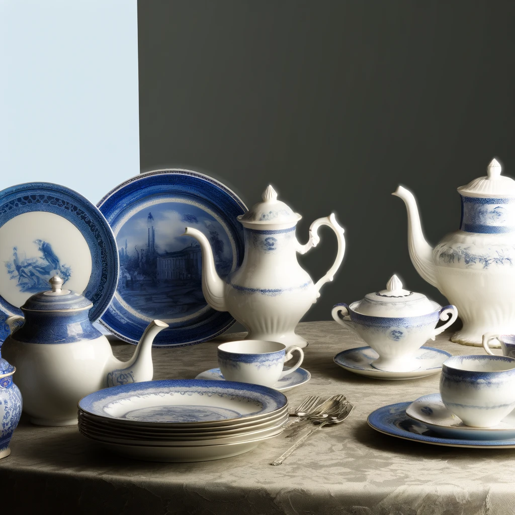 Elegant display of Regency-era fine china and porcelain, featuring blue and white patterns on decorative plates and teapots, arranged in a sophisticated dining room setting, symbolizing the high society elegance of the early 1800s.