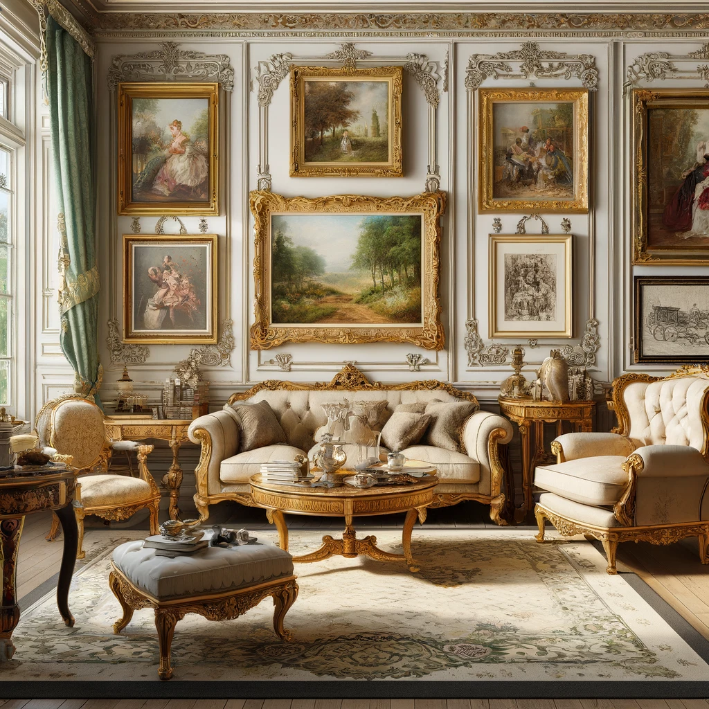 Sophisticated Regency-era interior featuring a collection of classic artwork including portraits, landscapes, botanical prints, and framed sketches and etchings, displayed in a cultured and refined living room, enhancing the historical elegance of early 1800s high society