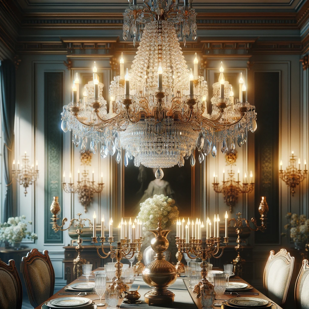 Elegant Regency-era dining room showcasing a grand crystal chandelier, complemented by brass and bronze candelabras and decorative oil lamps, exuding the opulence and sophisticated ambiance of early 1800s high society.