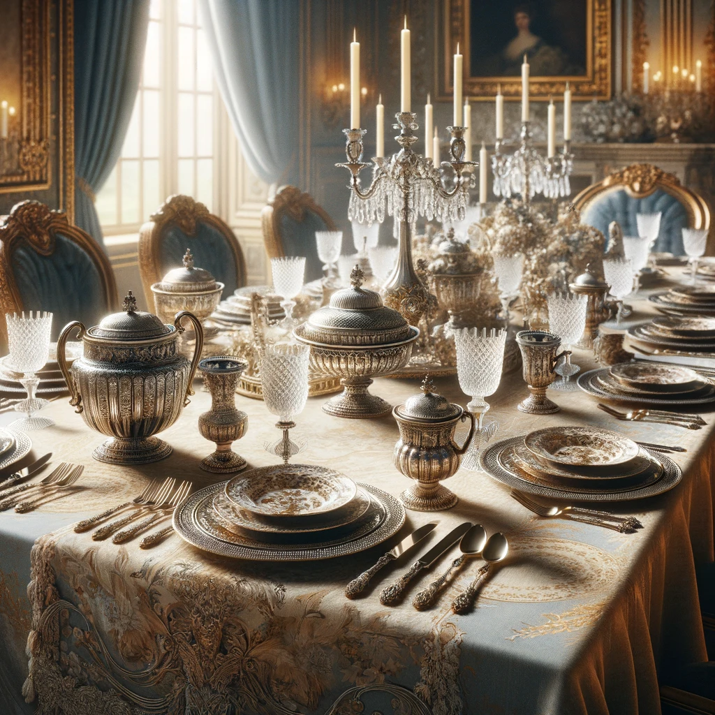 A sophisticated Regency-era table setting with intricate silverware, sparkling crystal glassware, and embroidered linen, arranged in a luxurious dining room that epitomizes the refined elegance and grandeur of early 1800s high society