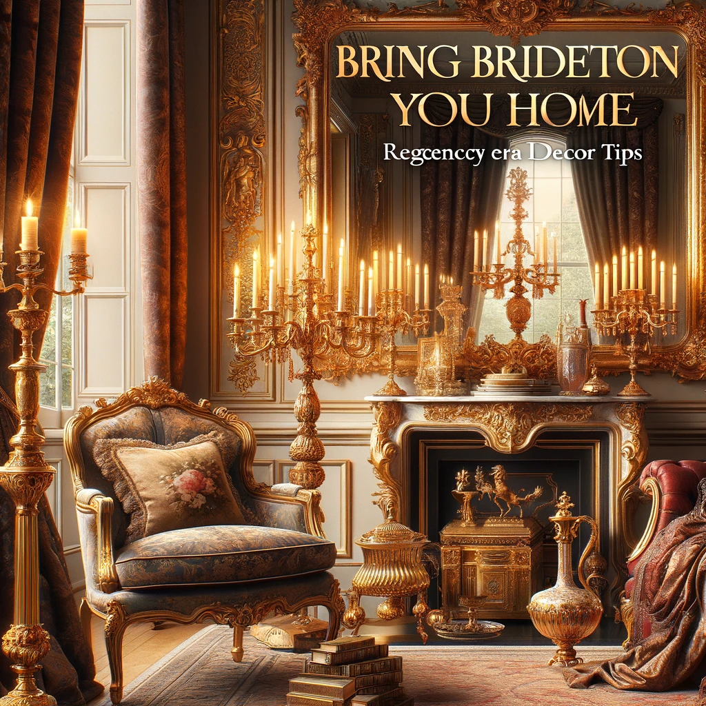 Luxurious Regency-era setting featuring a gilded mirror and ornate candlestick, set against rich fabrics and opulent furnishings, capturing the grandeur and sophistication of the Bridgerton series for home decor inspiration.