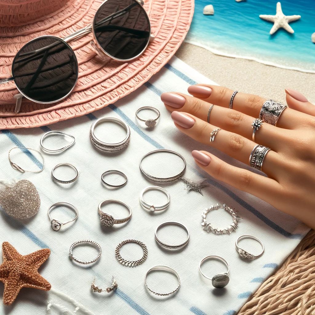 Assorted silver rings displayed on a beach towel alongside summer accessories like sunglasses and a straw hat, emphasizing the versatility and affordability of silver rings as a cool, essential accessory for summer.