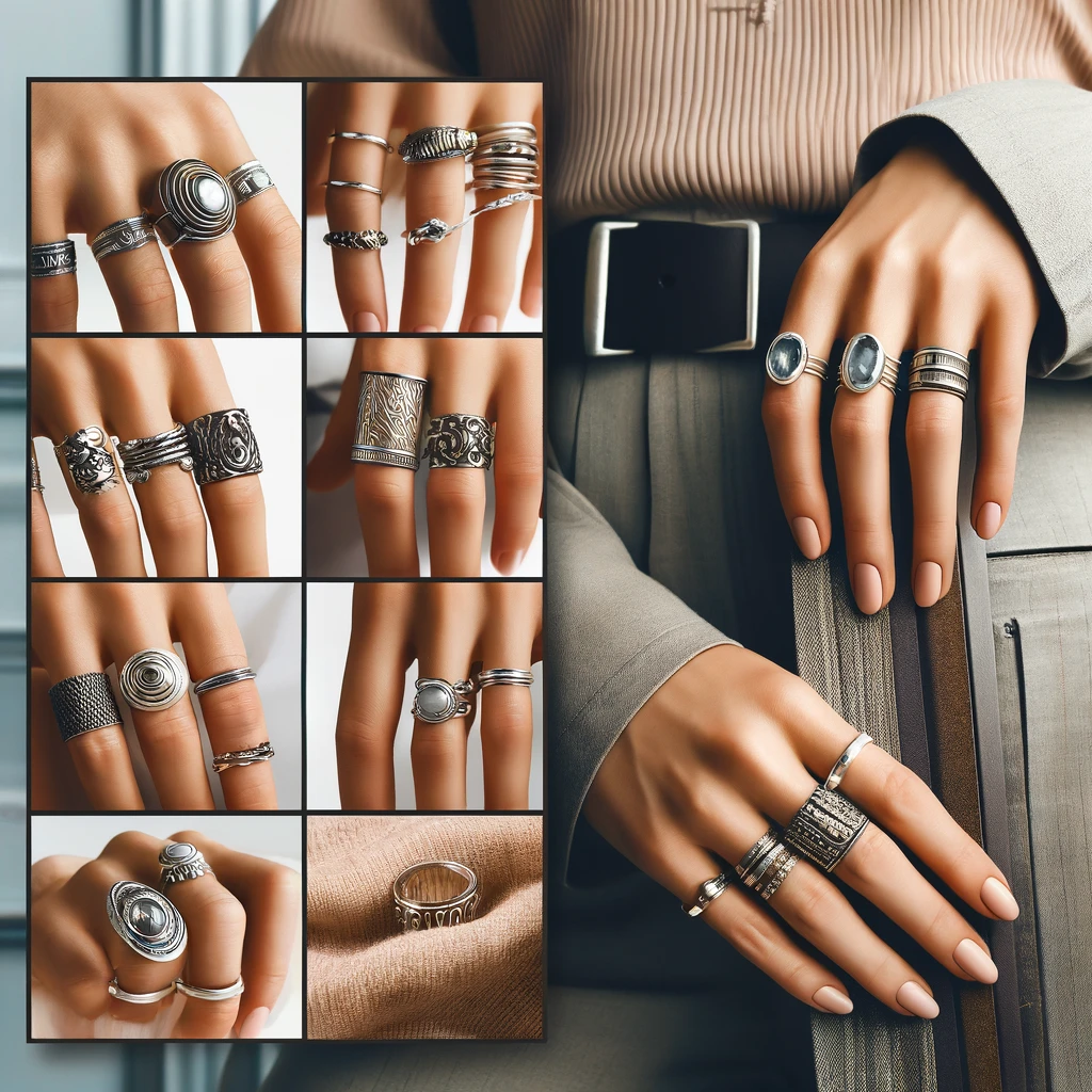 Fashionable display showing hands adorned with multiple stacked silver rings and mixed metal combinations, including a standout vintage silver ring paired with a minimalist outfit, emphasizing the versatility and contemporary style of silver rings.