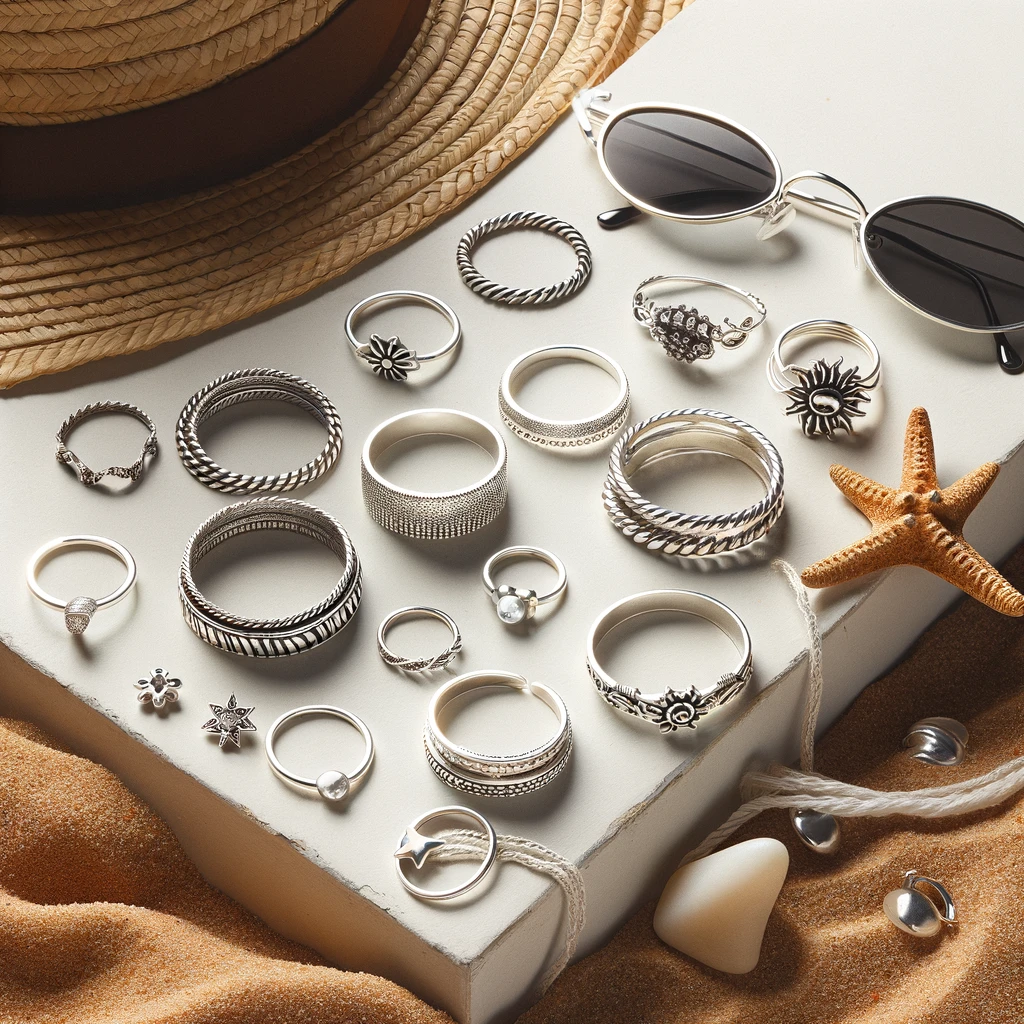 Thumbnail image featuring an elegant array of silver rings arranged on a sophisticated surface, highlighting various styles from stacked to mixed metals, designed to entice viewers to explore fashionable ways to wear silver rings.