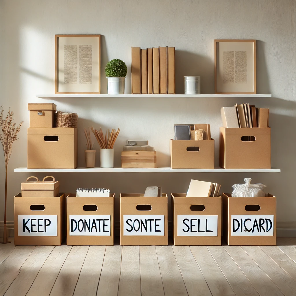 A clean, organized space with labeled boxes—'Keep,' 'Donate,' 'Sell,' and 'Discard'—illustrating effective decluttering strategies.