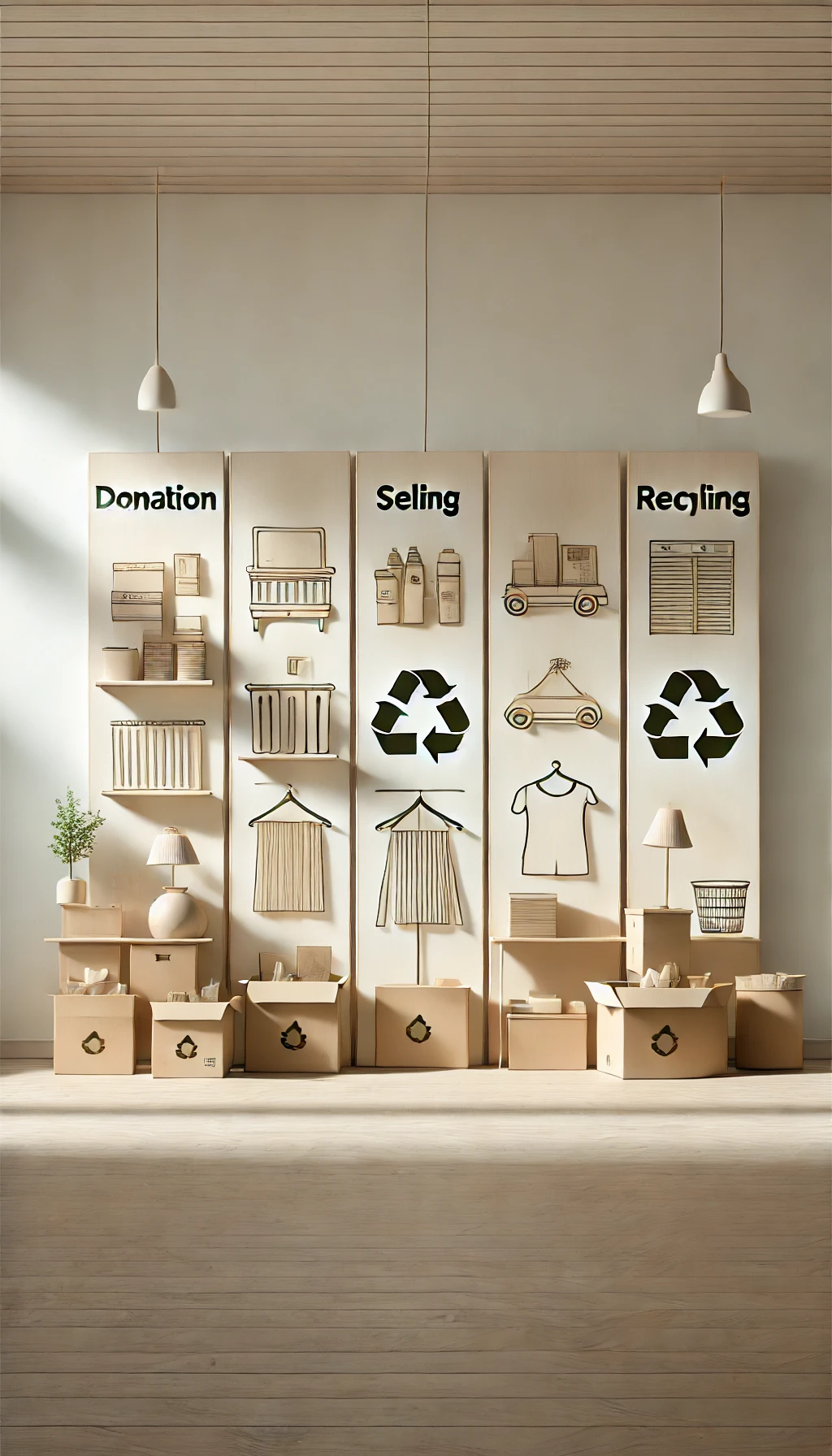 "A tall, eco-friendly space symbolizing sustainable decluttering practices: donation, selling, and recycling for organized, mindful living.