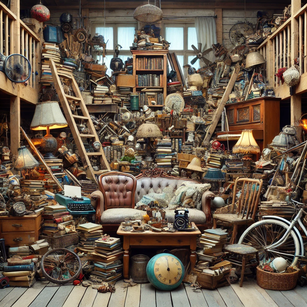 An unorganized, cluttered indoor space filled with vintage furniture, books, and trinkets. Perfect for illustrating decluttering tips or estate sale finds