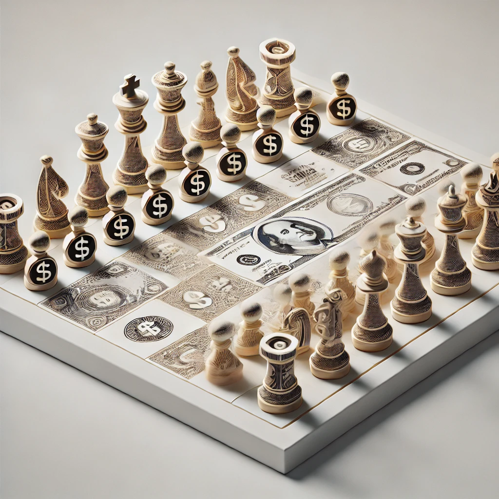 A unique chessboard with a money theme featuring currency-inspired chess pieces, set against a clean white background.