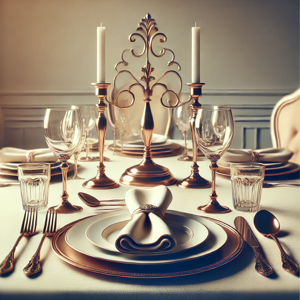 A formal dining table elegantly arranged with neatly placed utensils, plates, and glasses, symbolizing etiquette and proper manners.