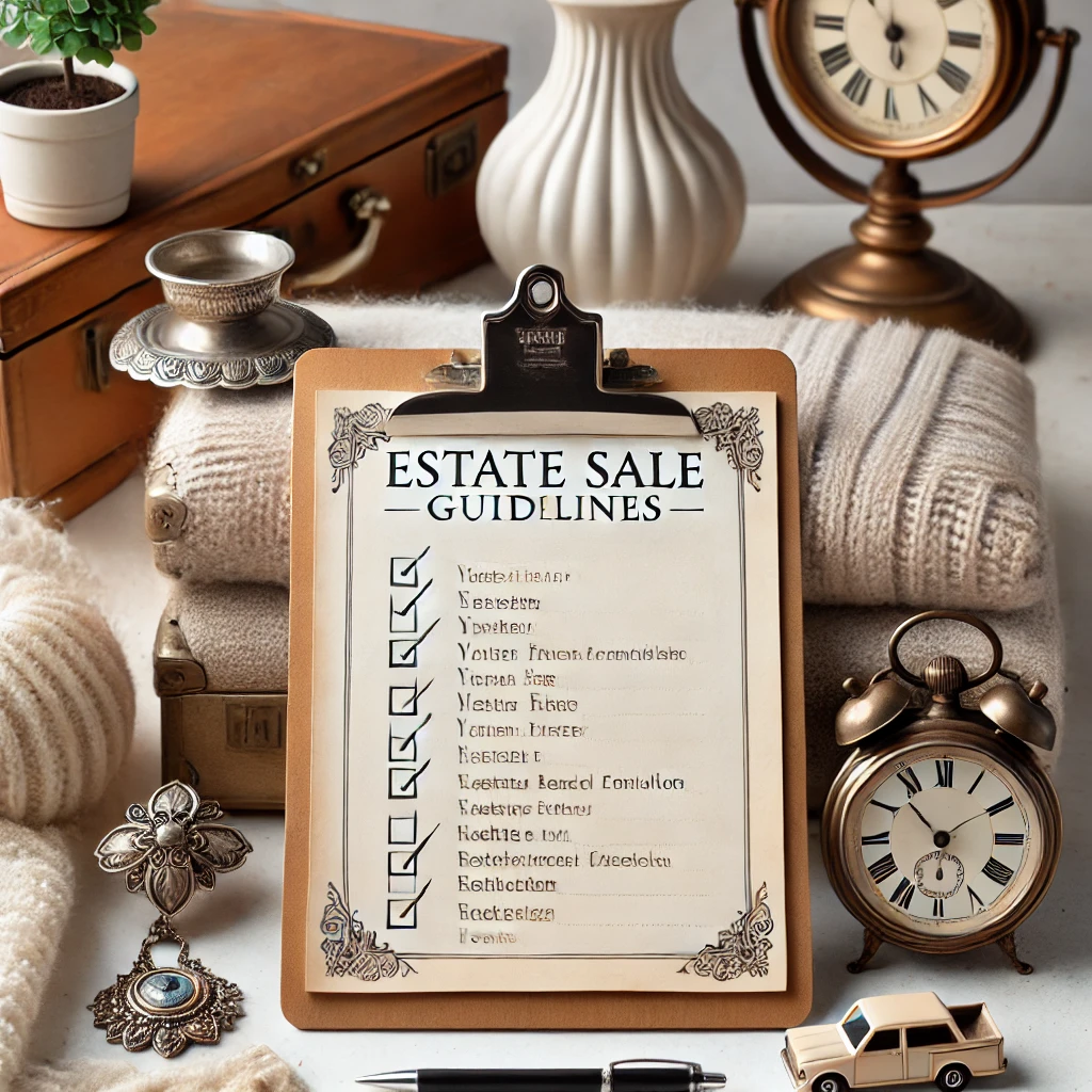 A thumbnail image for an estate sale blog featuring a clipboard with a checklist surrounded by vintage furniture and antiques.